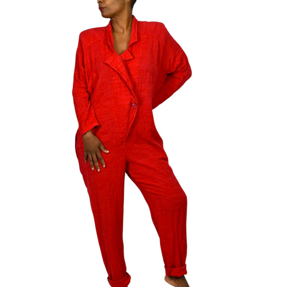 Vintage Arthur Max Blazer Jumpsuit Red One Piece Cotton Gauze Relaxed 90s Large - Picture 1 of 14